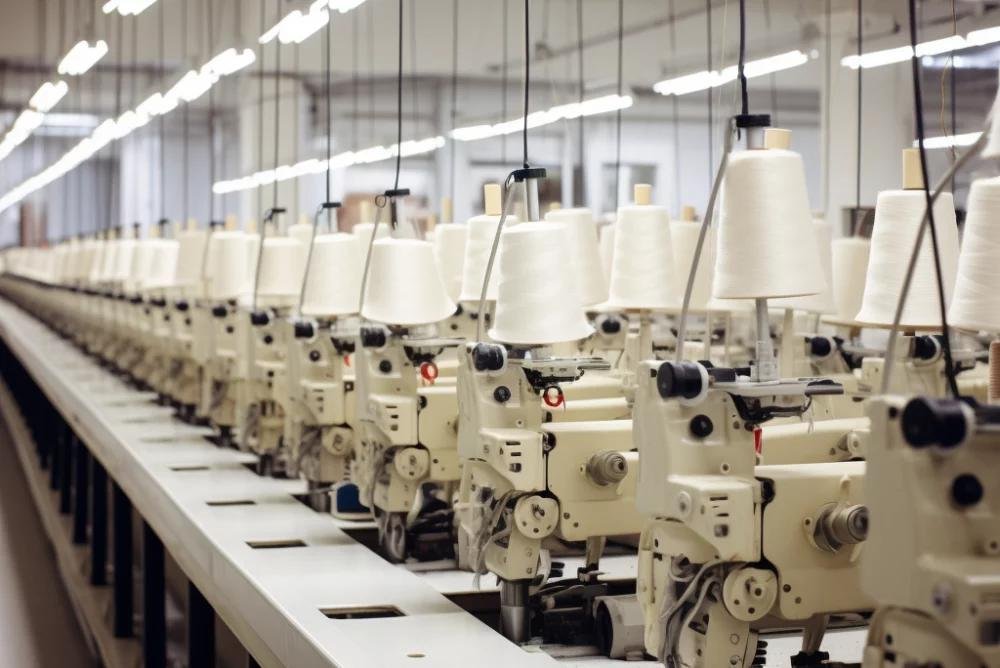 Thread cones feeding an embroidery machine production line